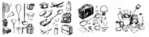 Hand drawn vector illustration of various tools and items for travel, outdoor activities, and camping collected in a creative arrangement