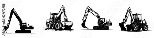 Hand drawn vector illustration of construction machinery at work on a construction site during daytime