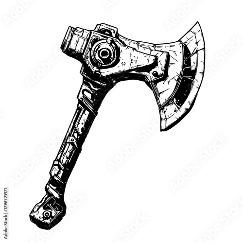 Hand drawn vector illustration of a detailed battle axe showcasing intricate design elements and craftsmanship