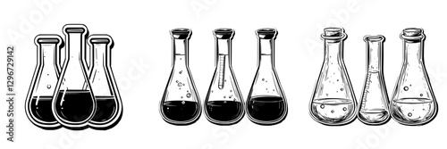 Hand drawn vector illustration of laboratory glassware featuring flasks and beakers with different liquid levels in a scientific setting