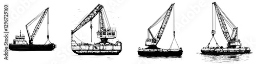 Hand drawn vector illustration of four different crane barges working on water at an industrial site