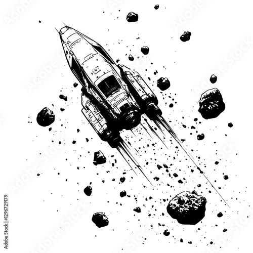 Hand drawn vector illustration of a spaceship navigating through an asteroid field in outer space