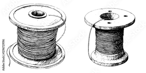 Hand-drawn vector illustration of two wooden spools with thread and detailed textures illustrating craftsmanship