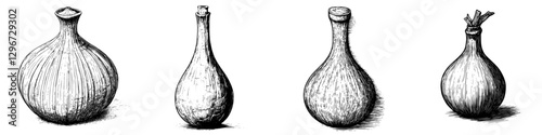 Hand drawn vector illustration of unique gourd shapes displayed in various positions against a blank background