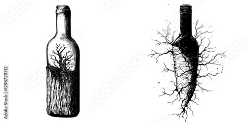 Hand-drawn vector illustration of an abstract bottle with tree roots and intricate designs