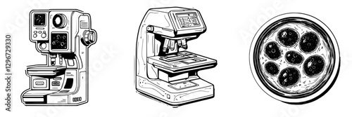 Hand drawn vector illustration of retro machines and a dish depicting various kitchen appliances and culinary elements