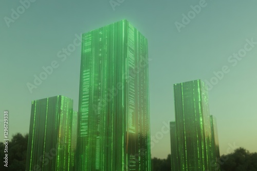 Tall green structures rise under tranquil sky, reflecting light