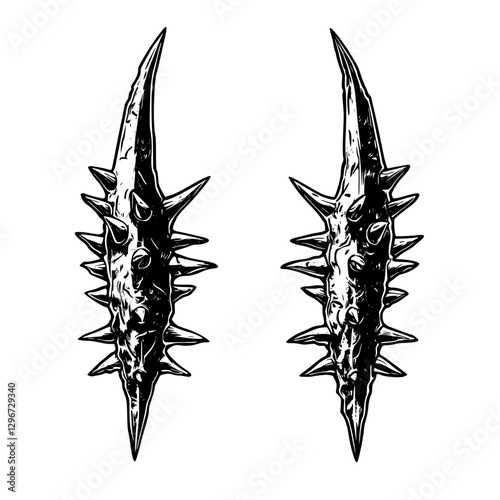 Hand drawn vector illustration of stylized spikes with intricate detailing and textured surfaces