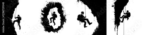 Hand drawn vector sketch of climbers rappelling into a gorge during daylight hours