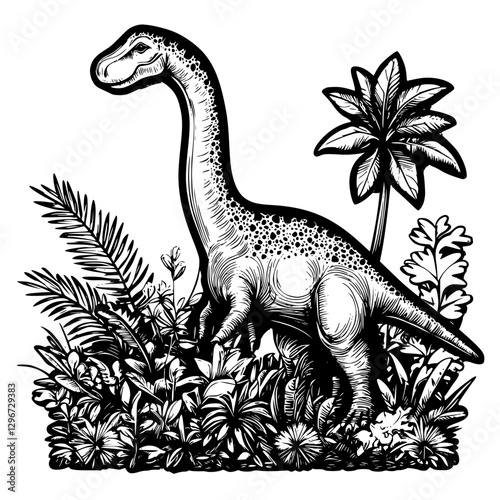 Hand drawn vector illustration of a dinosaur among tropical plants in a prehistoric setting