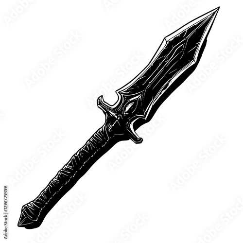 Hand-drawn vector illustration of an ornate spear with intricate details and a textured grip