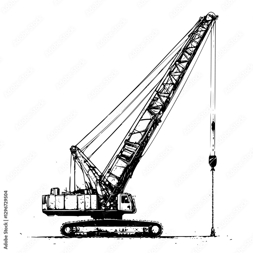 Hand-drawn vector illustration of a construction crane at a building site during the day Hand-drawn vector illustration of a construction crane at a building site during the day