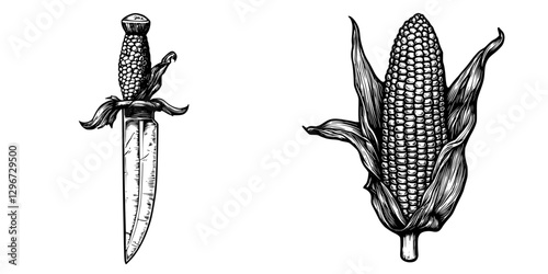 Detailed illustration of a dagger and corn cob showing the contrast between weapon and food elements in hand-drawn style