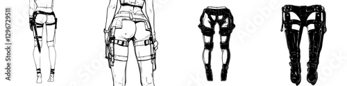 Hand drawn vector illustration of tactical clothing design focusing on holster and harness details