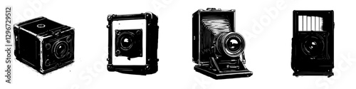 Historic camera sketches showcasing classic photography equipment from various eras with detailed craftsmanship and artistic flair