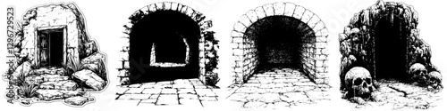 Hand-drawn vector illustration of ancient stone arches and doorways in a mysterious underground setting