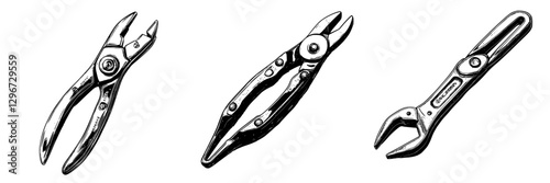 Hand-drawn vector illustration showcasing various types of pliers and their unique designs