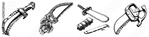 Hand drawn vector illustration of various tools including saws and knives in dark ink style showcasing distinct designs and intricate details