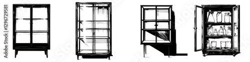 Hand drawn vector illustration of four different styles of storage cabinets showcasing design variations and empty interiors