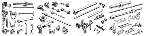 Hand drawn vector illustration of various mechanical components and tools arranged in a detailed sketch format