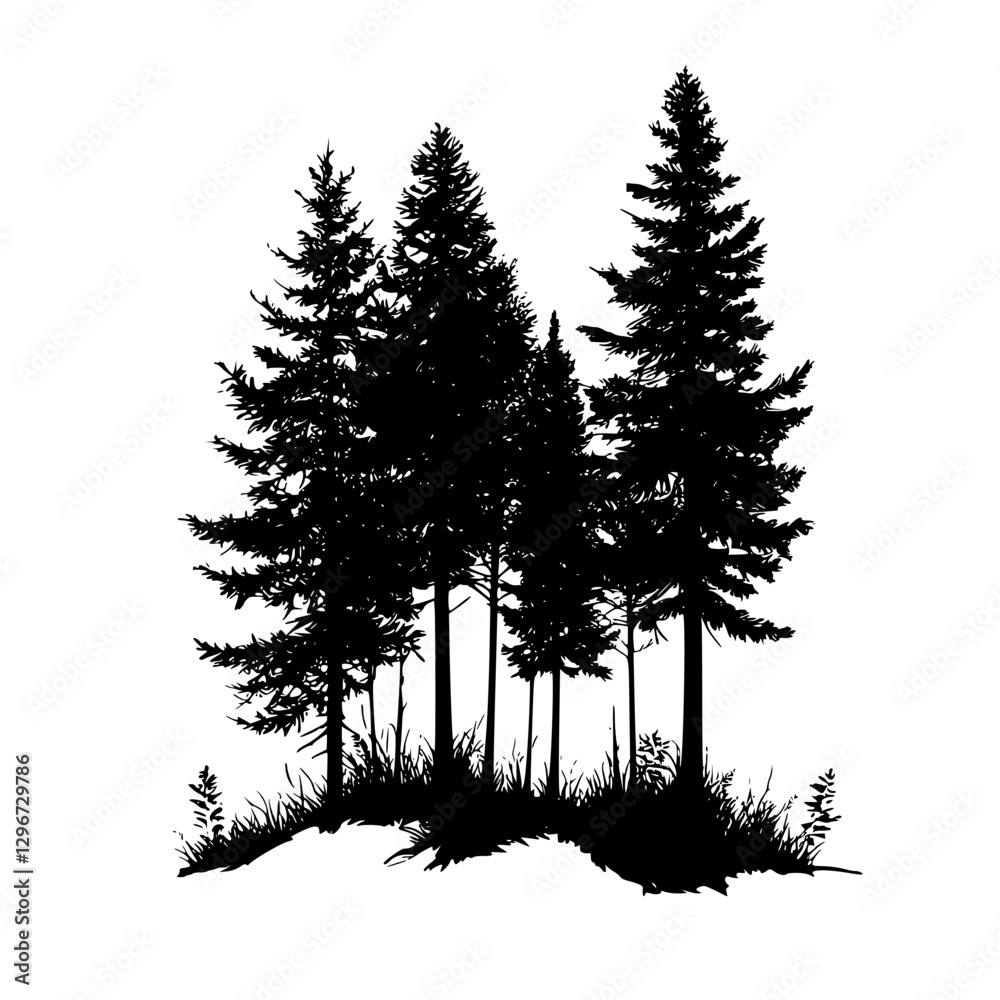 Hand-drawn vector illustration of a silhouette of evergreen trees in a natural setting