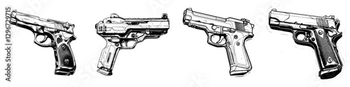 Detailed hand-drawn vector illustration showcasing four distinct pistol designs in varying positions and angles