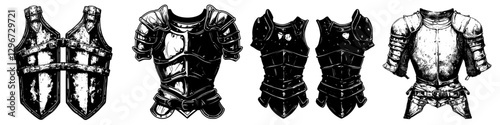 Hand-drawn vector illustrations of various styles of medieval armor designs for creative projects photo