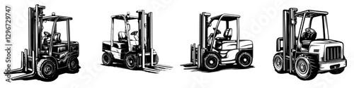 Hand drawn vector illustrations of various forklift designs capturing their unique features and functionality in warehouse settings