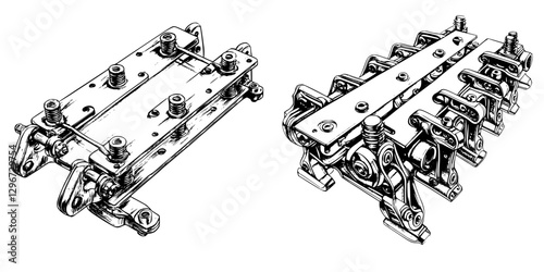 Detailed hand-drawn vector illustration sketch of mechanical components showcasing complex design and engineering