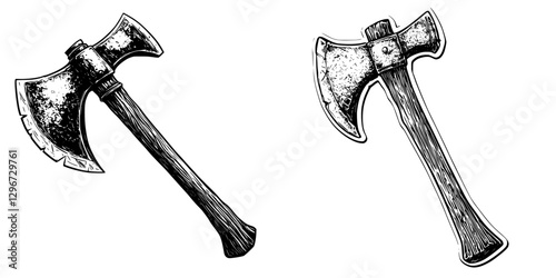 Detailed hand-drawn vector illustration of two unique axes showcasing different designs and textures
