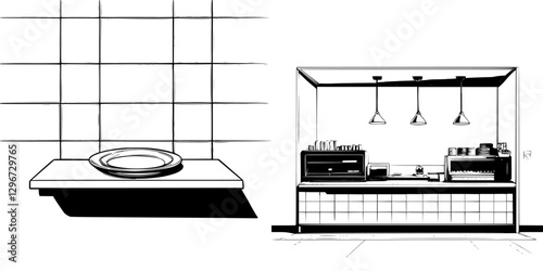 Hand-drawn vector illustration of a minimalist cafe counter with a plate on the table and coffee equipment in the background