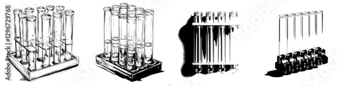 Detailed hand-drawn vector illustration of laboratory test tubes arranged in various positions on a flat surface