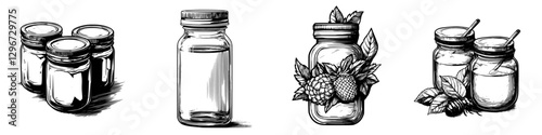 Hand drawn vector illustration of jars showcasing various contents and designs in a simple, rustic style