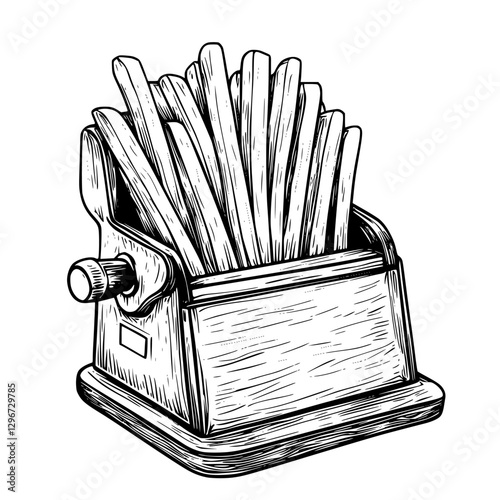 Hand drawn vector illustration of a classic French fry cutter with crispy fries on display set in a rustic kitchen