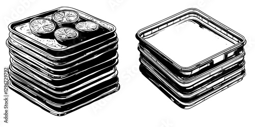 Hand drawn vector illustration of stacked plates with citrus slices and empty plates in a simple design
