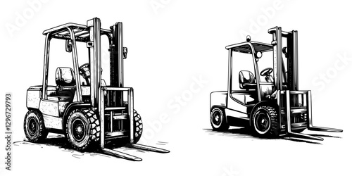 Detailed hand-drawn vector sketches of forklifts showcasing various angles and designs