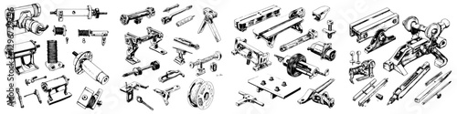 Hand drawn vector illustration of various mechanical tools and devices used in engineering and manufacturing settings