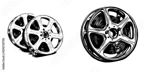 Hand drawn vector illustration of car wheels showcasing detailed design of rims and tires in black and white sketch style