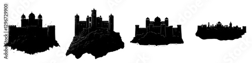 Outline of medieval castles on rocky terrain depicted in hand-drawn vector style showcasing architectural diversity