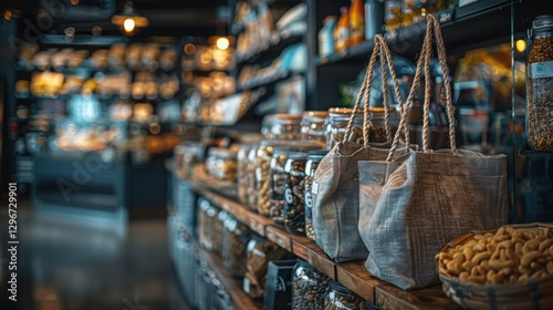 Rustic Grocery Store Aisle with Natural Products and Shopping Bags