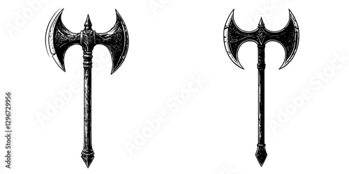 Detailed hand-drawn vector illustration of two symmetrical battle axes with ornate designs on the blades