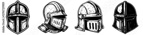 Hand drawn vector illustration of decorative knight helmets showcasing historical designs