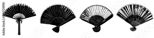 Hand-drawn vector illustration of various decorative fans showcasing different designs and styles