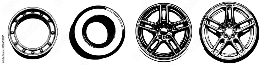 Hand-drawn vector sketches of various wheel designs showcasing different styles and shapes for automotive inspiration