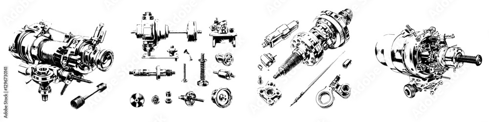 Hand drawn vector illustration of mechanical components and engine parts arranged artistically Hand drawn vector illustration of mechanical components and engine parts arranged artistically