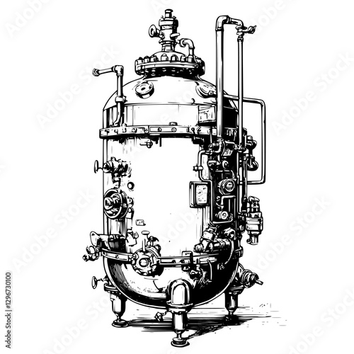 Hand-drawn vector illustration of a vintage pressure vessel used in industrial processes with intricate details