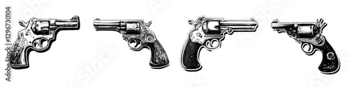 Hand drawn vector illustration of four vintage revolvers in different positions and angles showcasing intricate designs and details