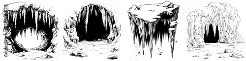 Hand-drawn vector illustrations of cave entrances featuring unique rock formations and textures