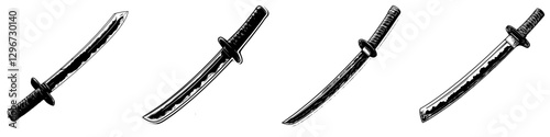 Hand drawn vector illustration of a traditional katana sword with varying angles showcasing intricate details and craftsmanship