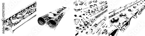 Hand drawn vector illustration sketch of musical instruments and their intricate details during a creative studio session